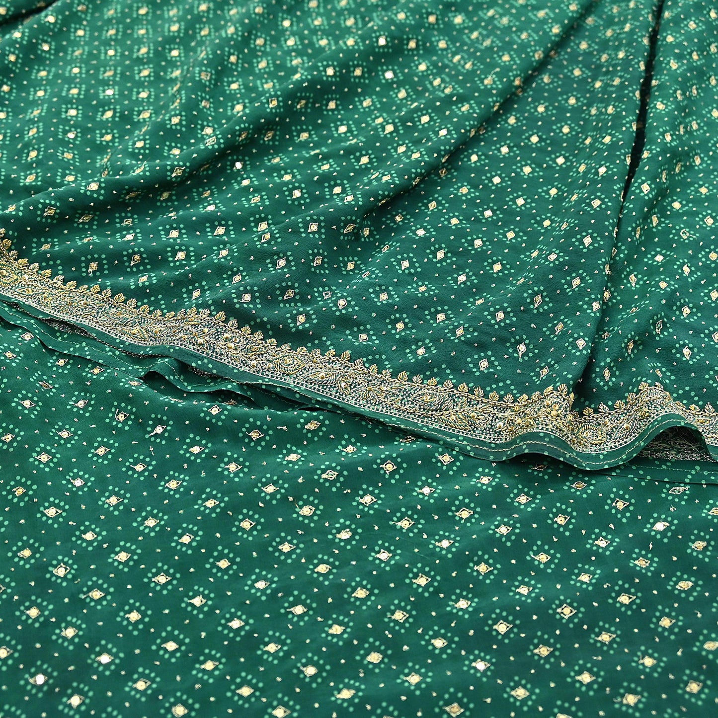 Indian Pre-Owned Sari Green Pure Crepe Silk Pre-owned Hand Embroidered Ritu Kumar Designer Sarees Fabric 5Yd Ethnic Bollywood Party sari