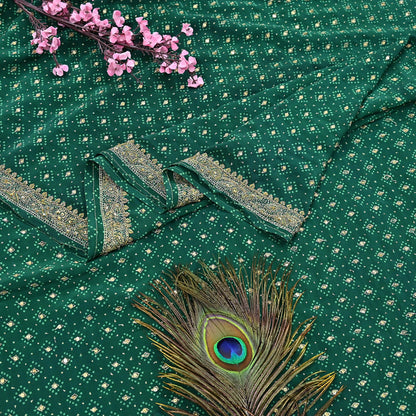 Indian Pre-Owned Sari Green Pure Crepe Silk Pre-owned Hand Embroidered Ritu Kumar Designer Sarees Fabric 5Yd Ethnic Bollywood Party sari