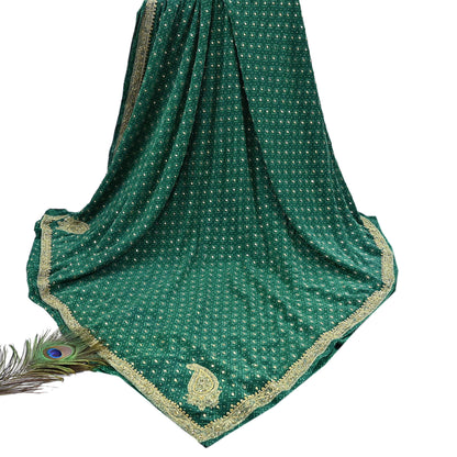 Indian Pre-Owned Sari Green Pure Crepe Silk Pre-owned Hand Embroidered Ritu Kumar Designer Sarees Fabric 5Yd Ethnic Bollywood Party sari