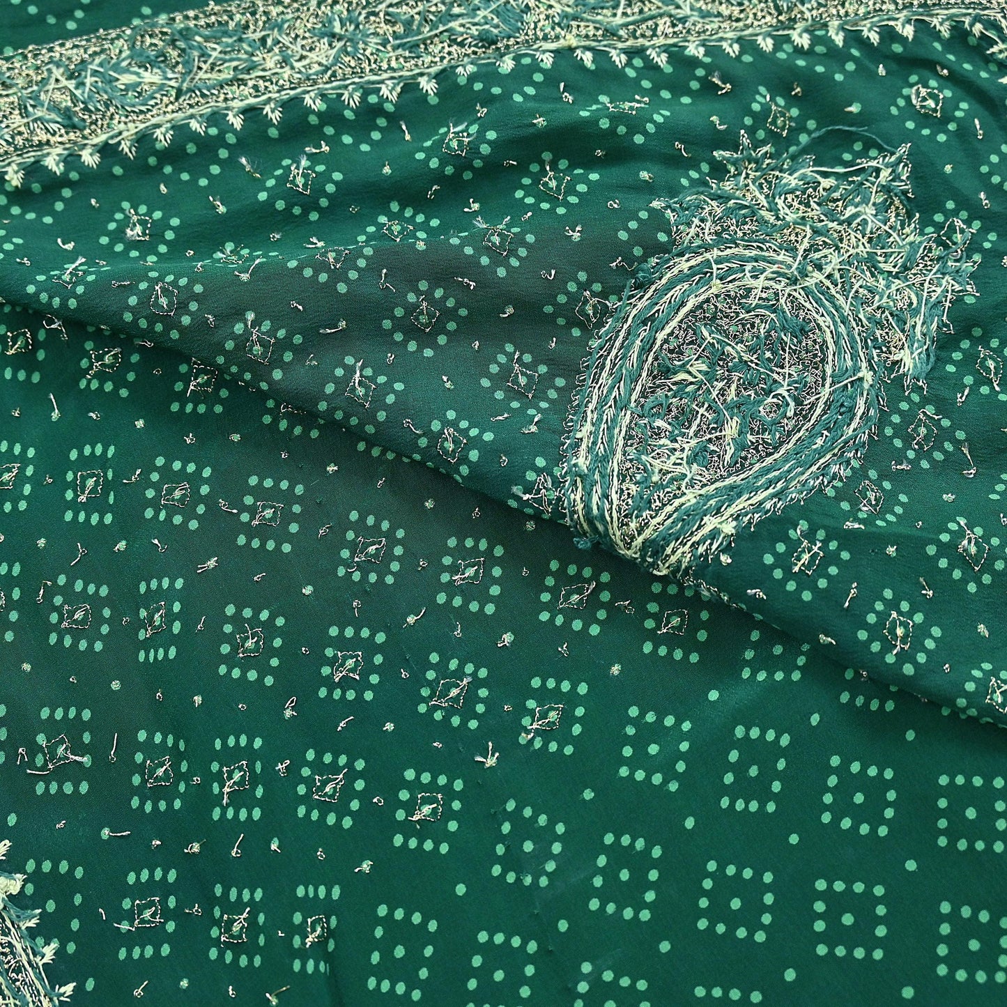 Indian Pre-Owned Sari Green Pure Crepe Silk Pre-owned Hand Embroidered Ritu Kumar Designer Sarees Fabric 5Yd Ethnic Bollywood Party sari