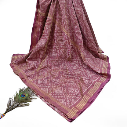 Indian Vintage Saree Golden Pink Pure Silk Hand Woven Double Ikat Patola Sari Craft Fabric 5Yard Zari Ethnic Premium Saree
