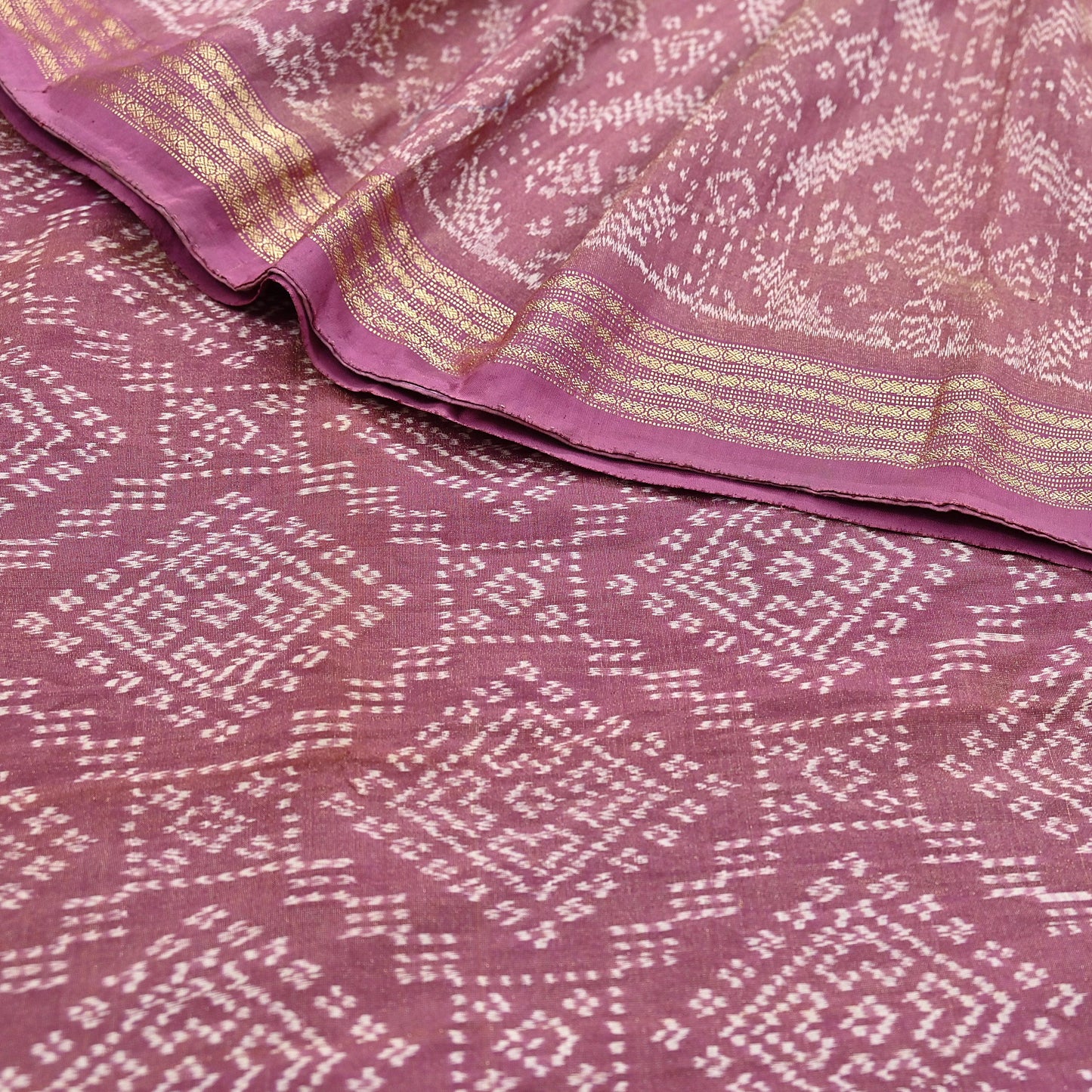 Indian Vintage Saree Golden Pink Pure Silk Hand Woven Double Ikat Patola Sari Craft Fabric 5Yard Zari Ethnic Premium Saree