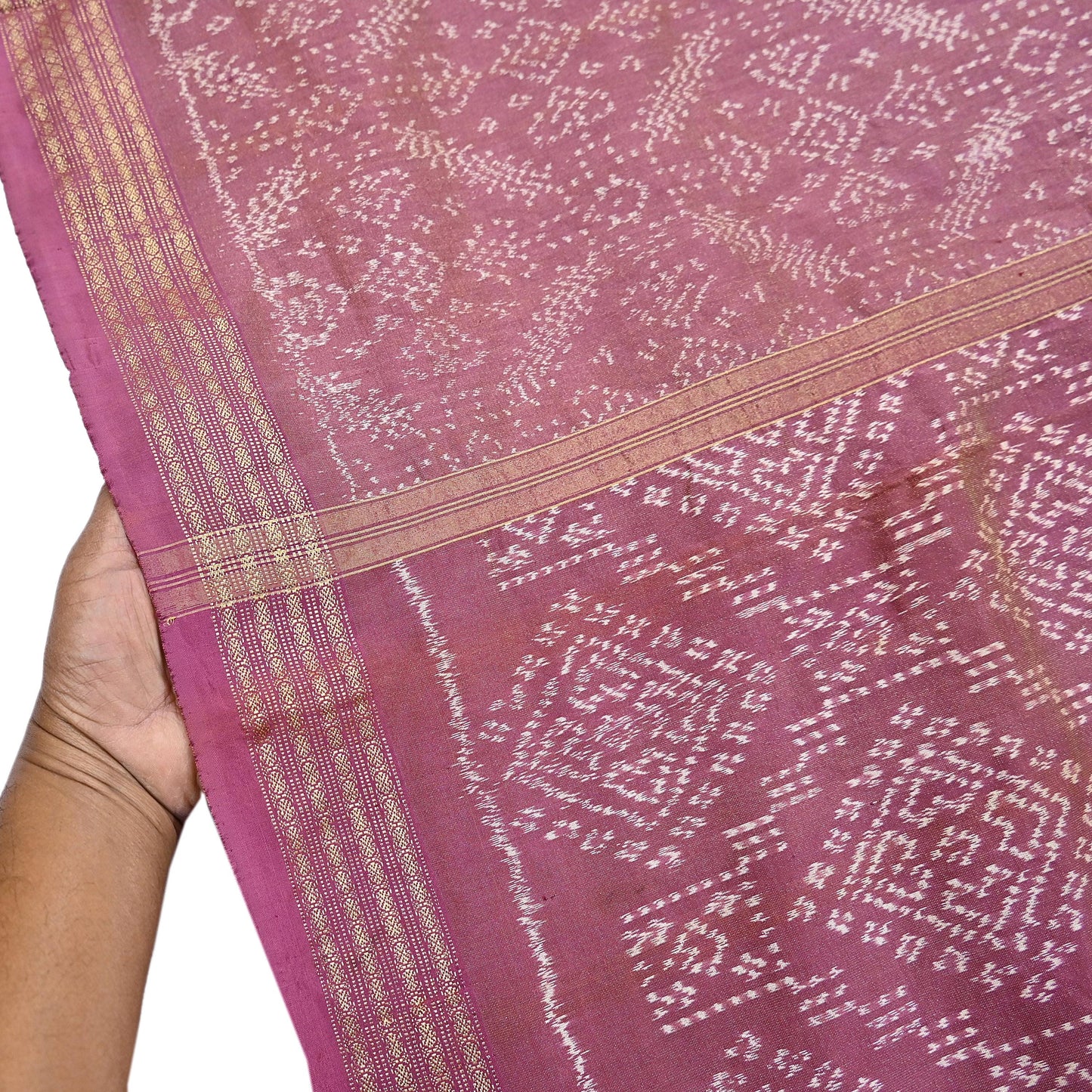 Indian Vintage Saree Golden Pink Pure Silk Hand Woven Double Ikat Patola Sari Craft Fabric 5Yard Zari Ethnic Premium Saree