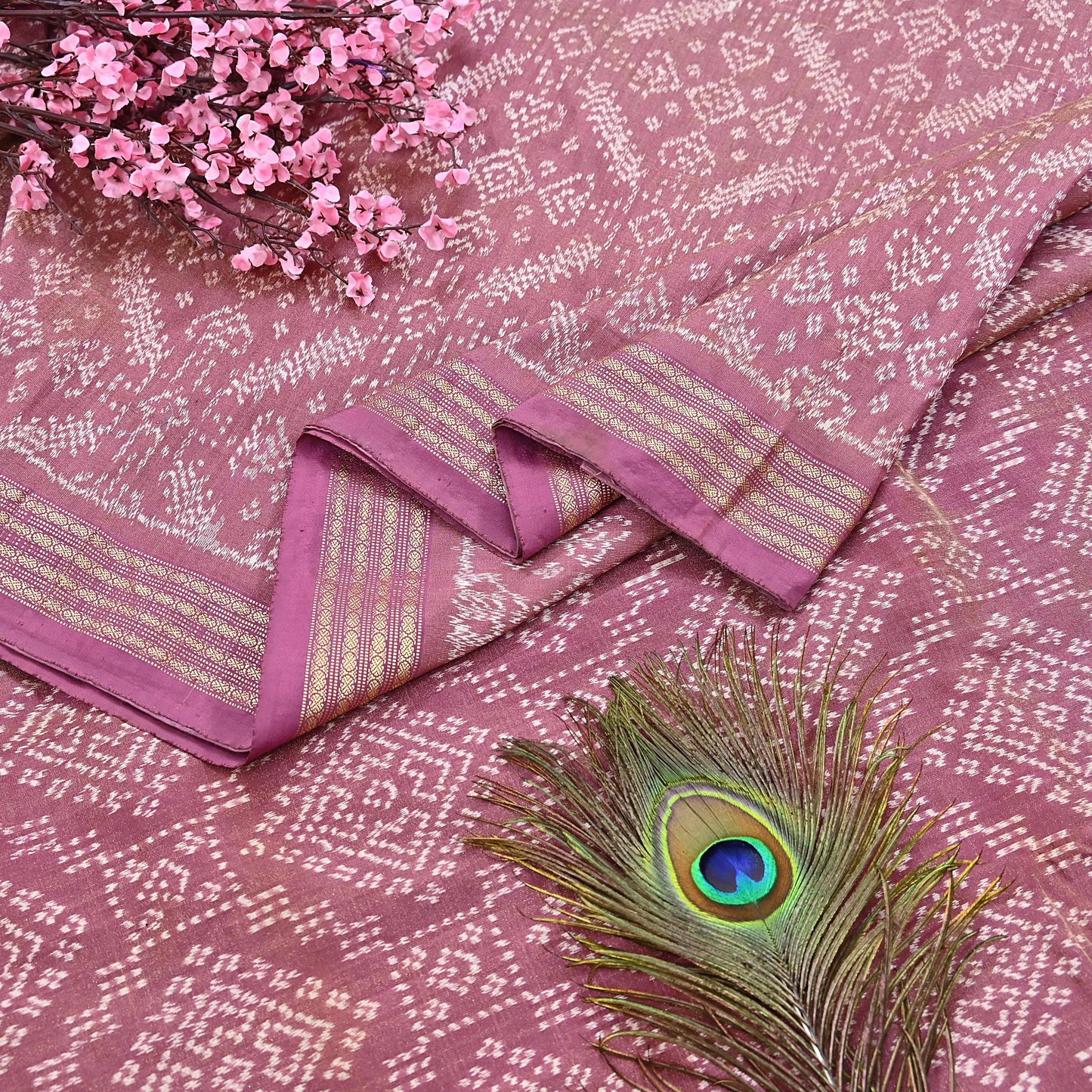 Indian Vintage Saree Golden Pink Pure Silk Hand Woven Double Ikat Patola Sari Craft Fabric 5Yard Zari Ethnic Premium Saree