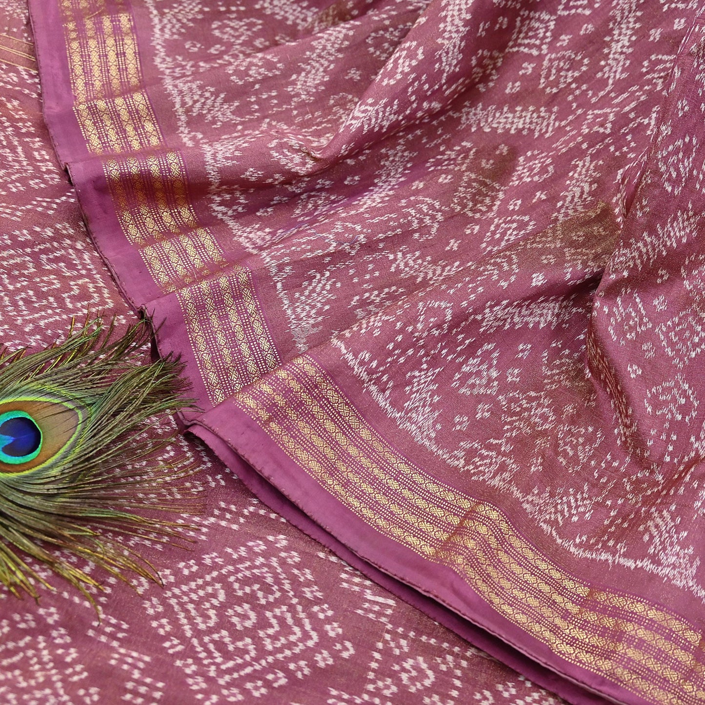 Indian Vintage Saree Golden Pink Pure Silk Hand Woven Double Ikat Patola Sari Craft Fabric 5Yard Zari Ethnic Premium Saree