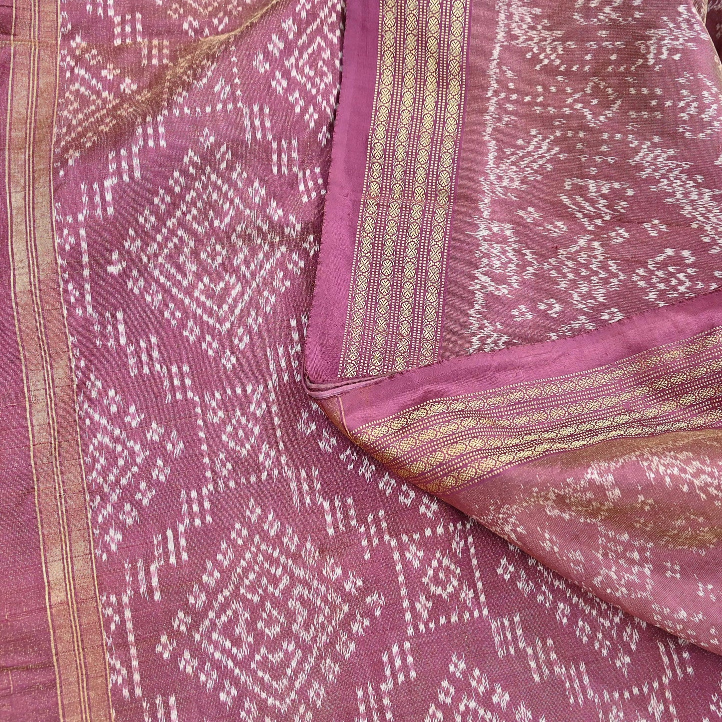 Indian Vintage Saree Golden Pink Pure Silk Hand Woven Double Ikat Patola Sari Craft Fabric 5Yard Zari Ethnic Premium Saree