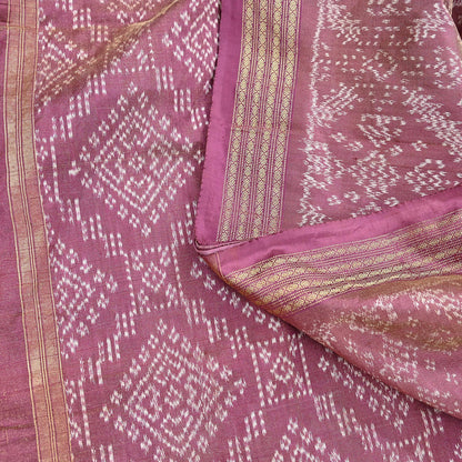 Indian Vintage Saree Golden Pink Pure Silk Hand Woven Double Ikat Patola Sari Craft Fabric 5Yard Zari Ethnic Premium Saree