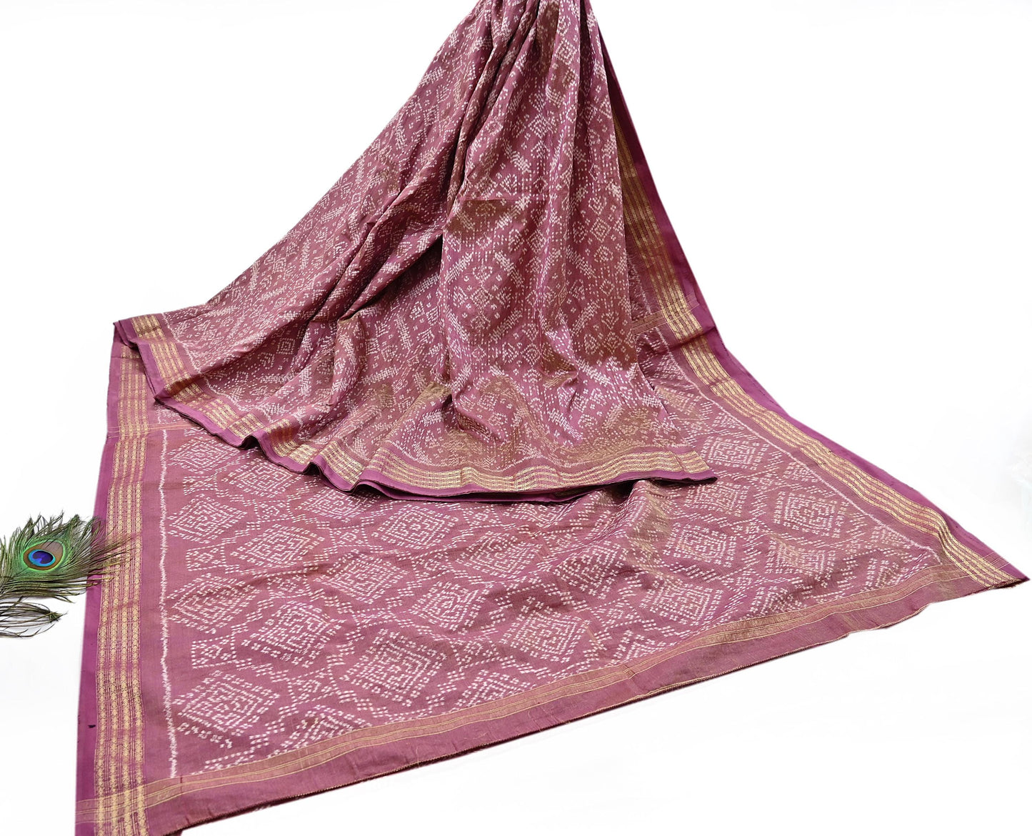 Indian Vintage Saree Golden Pink Pure Silk Hand Woven Double Ikat Patola Sari Craft Fabric 5Yard Zari Ethnic Premium Saree