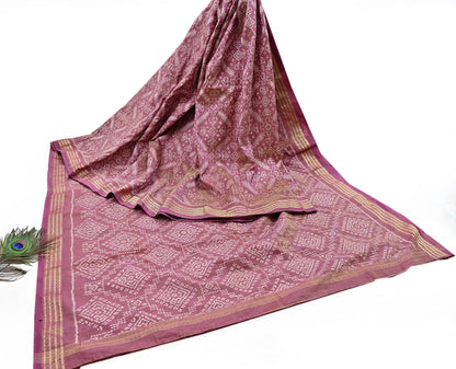 Indian Vintage Saree Golden Pink Pure Silk Hand Woven Double Ikat Patola Sari Craft Fabric 5Yard Zari Ethnic Premium Saree