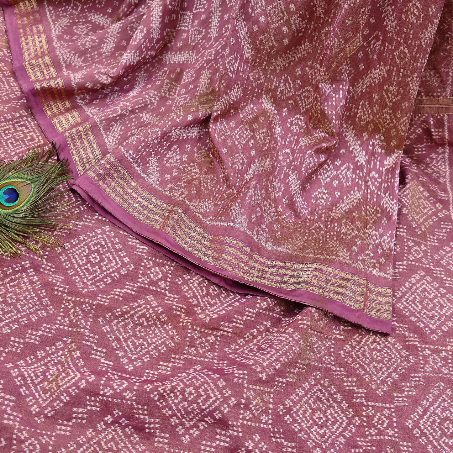 Indian Vintage Saree Golden Pink Pure Silk Hand Woven Double Ikat Patola Sari Craft Fabric 5Yard Zari Ethnic Premium Saree