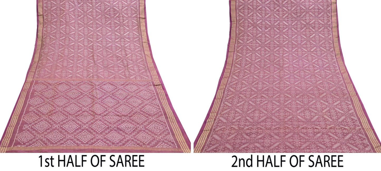Indian Vintage Saree Golden Pink Pure Silk Hand Woven Double Ikat Patola Sari Craft Fabric 5Yard Zari Ethnic Premium Saree