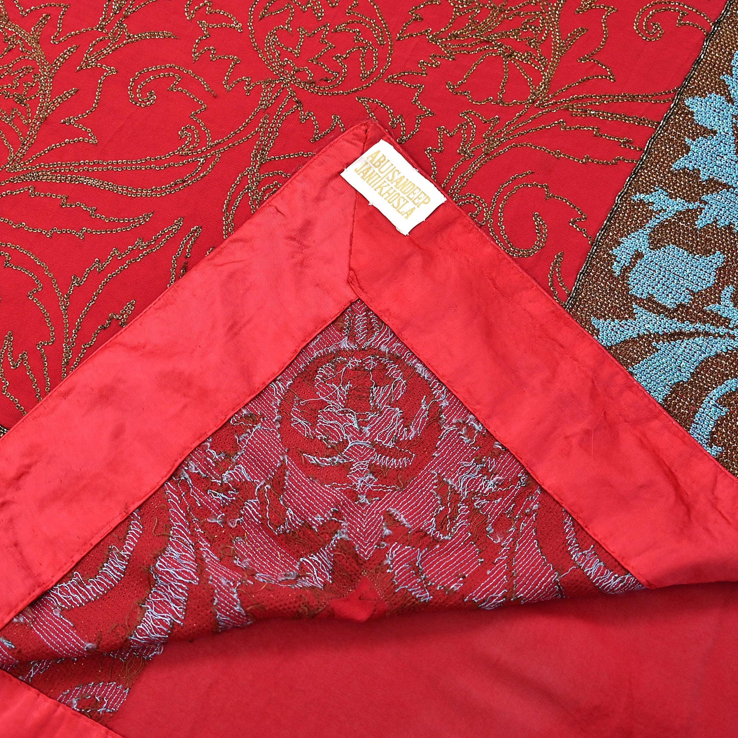 Indian Pre-owned Heavy Sari Red Pure Georgette Silk Hand Embroidered Sarees Designer Abu Jani 6Yd Sewing Ethnic Sarees