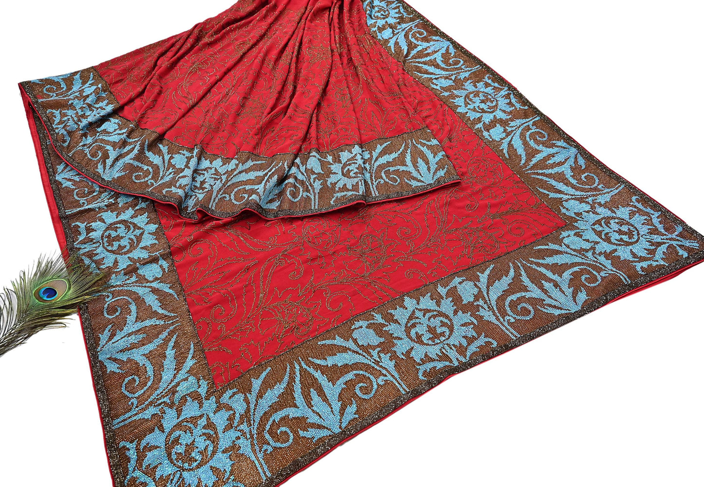 Indian Pre-owned Heavy Sari Red Pure Georgette Silk Hand Embroidered Sarees Designer Abu Jani 6Yd Sewing Ethnic Sarees