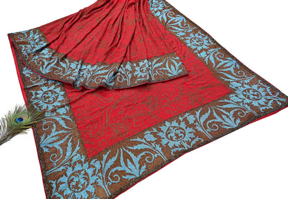 Indian Pre-owned Heavy Sari Red Pure Georgette Silk Hand Embroidered Sarees Designer Abu Jani 6Yd Sewing Ethnic Sarees