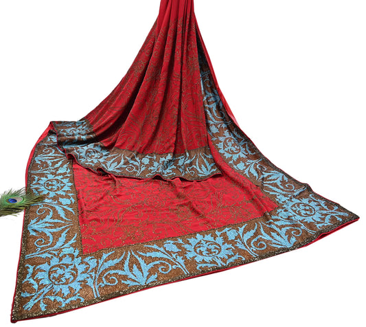 Indian Pre-owned Heavy Sari Red Pure Georgette Silk Hand Embroidered Sarees Designer Abu Jani 6Yd Sewing Ethnic Sarees