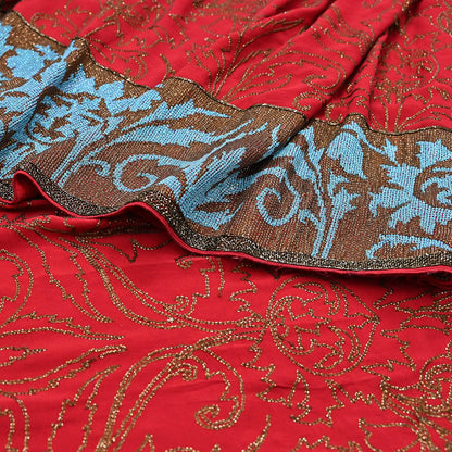 Indian Pre-owned Heavy Sari Red Pure Georgette Silk Hand Embroidered Sarees Designer Abu Jani 6Yd Sewing Ethnic Sarees