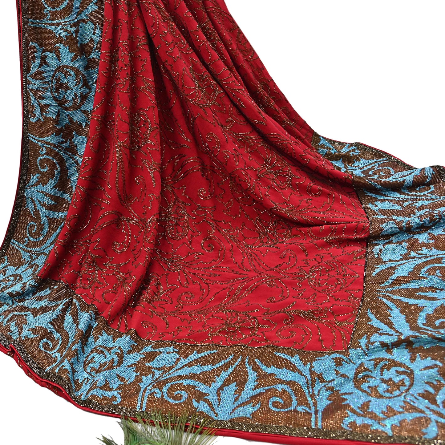 Indian Pre-owned Heavy Sari Red Pure Georgette Silk Hand Embroidered Sarees Designer Abu Jani 6Yd Sewing Ethnic Sarees