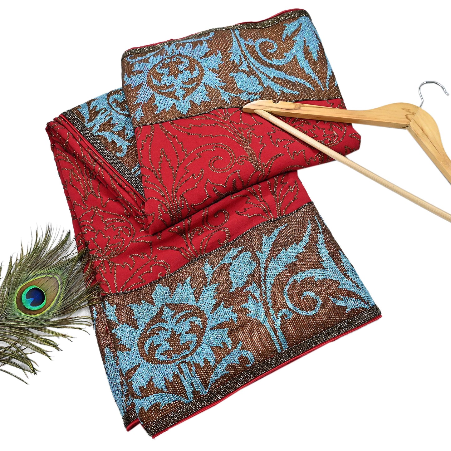 Indian Pre-owned Heavy Sari Red Pure Georgette Silk Hand Embroidered Sarees Designer Abu Jani 6Yd Sewing Ethnic Sarees