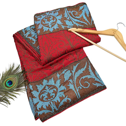 Indian Pre-owned Heavy Sari Red Pure Georgette Silk Hand Embroidered Sarees Designer Abu Jani 6Yd Sewing Ethnic Sarees