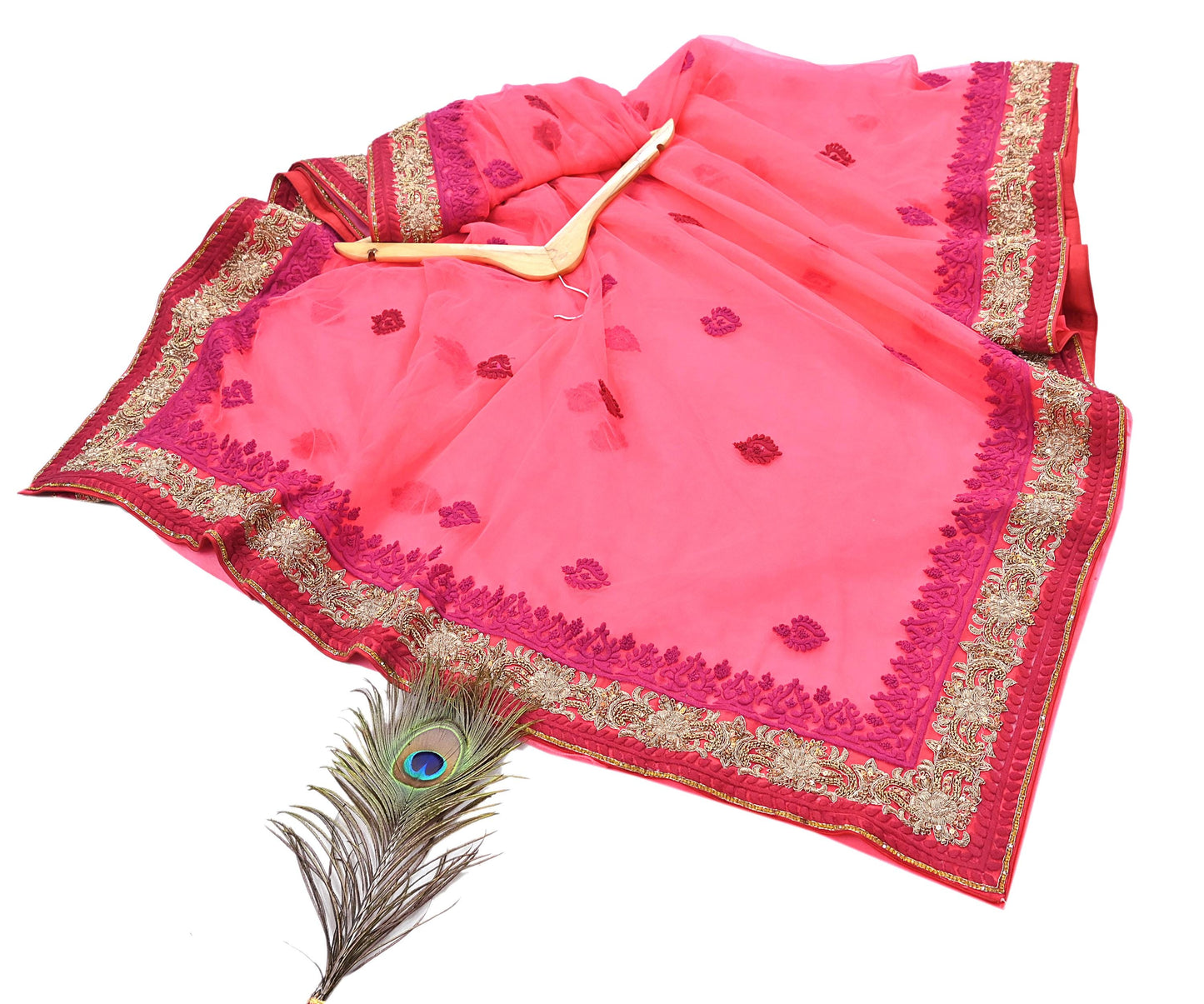 Indian Pre-owned Saree Pink Mesh/Net Hand Embroidered Sabyasachi Designer Sari 6Yd Soft Ethnic Bollywood Party saree
