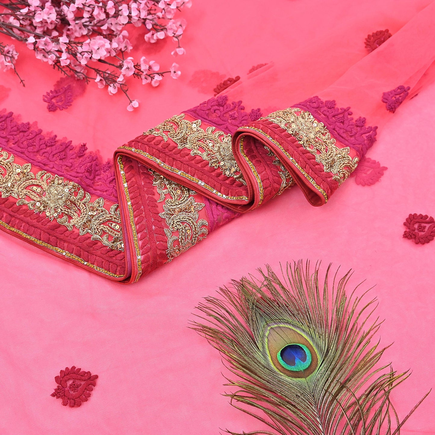 Indian Pre-owned Saree Pink Mesh/Net Hand Embroidered Sabyasachi Designer Sari 6Yd Soft Ethnic Bollywood Party saree