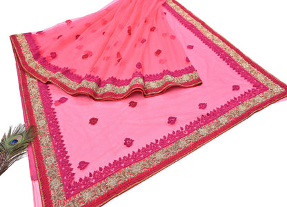 Indian Pre-owned Saree Pink Mesh/Net Hand Embroidered Sabyasachi Designer Sari 6Yd Soft Ethnic Bollywood Party saree
