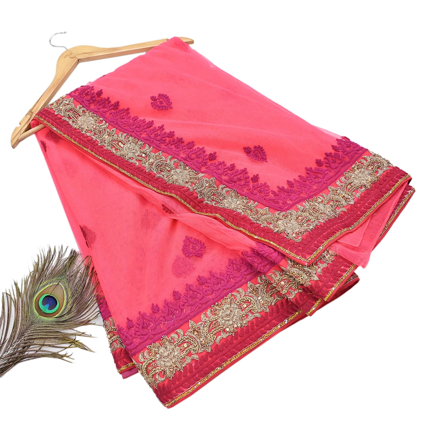 Indian Pre-owned Saree Pink Mesh/Net Hand Embroidered Sabyasachi Designer Sari 6Yd Soft Ethnic Bollywood Party saree