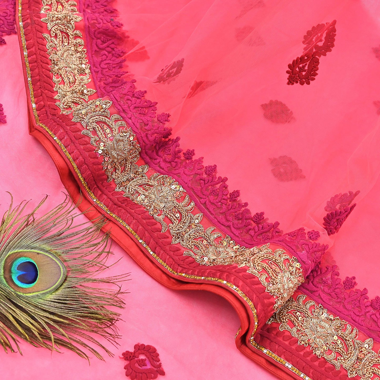 Indian Pre-owned Saree Pink Mesh/Net Hand Embroidered Sabyasachi Designer Sari 6Yd Soft Ethnic Bollywood Party saree