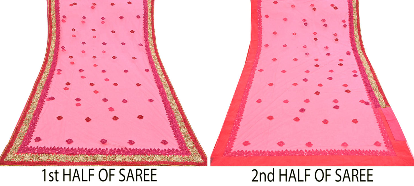 Indian Pre-owned Saree Pink Mesh/Net Hand Embroidered Sabyasachi Designer Sari 6Yd Soft Ethnic Bollywood Party saree