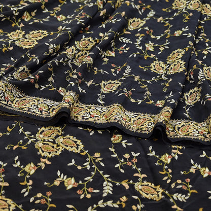 Indian Vintage Black Saree Pure Crepe Silk Hand Embroidered aari work Sari Craft Fabric 6Yd Sewing Soft Zari Dress making