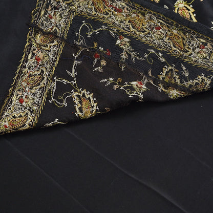Indian Vintage Black Saree Pure Crepe Silk Hand Embroidered aari work Sari Craft Fabric 6Yd Sewing Soft Zari Dress making