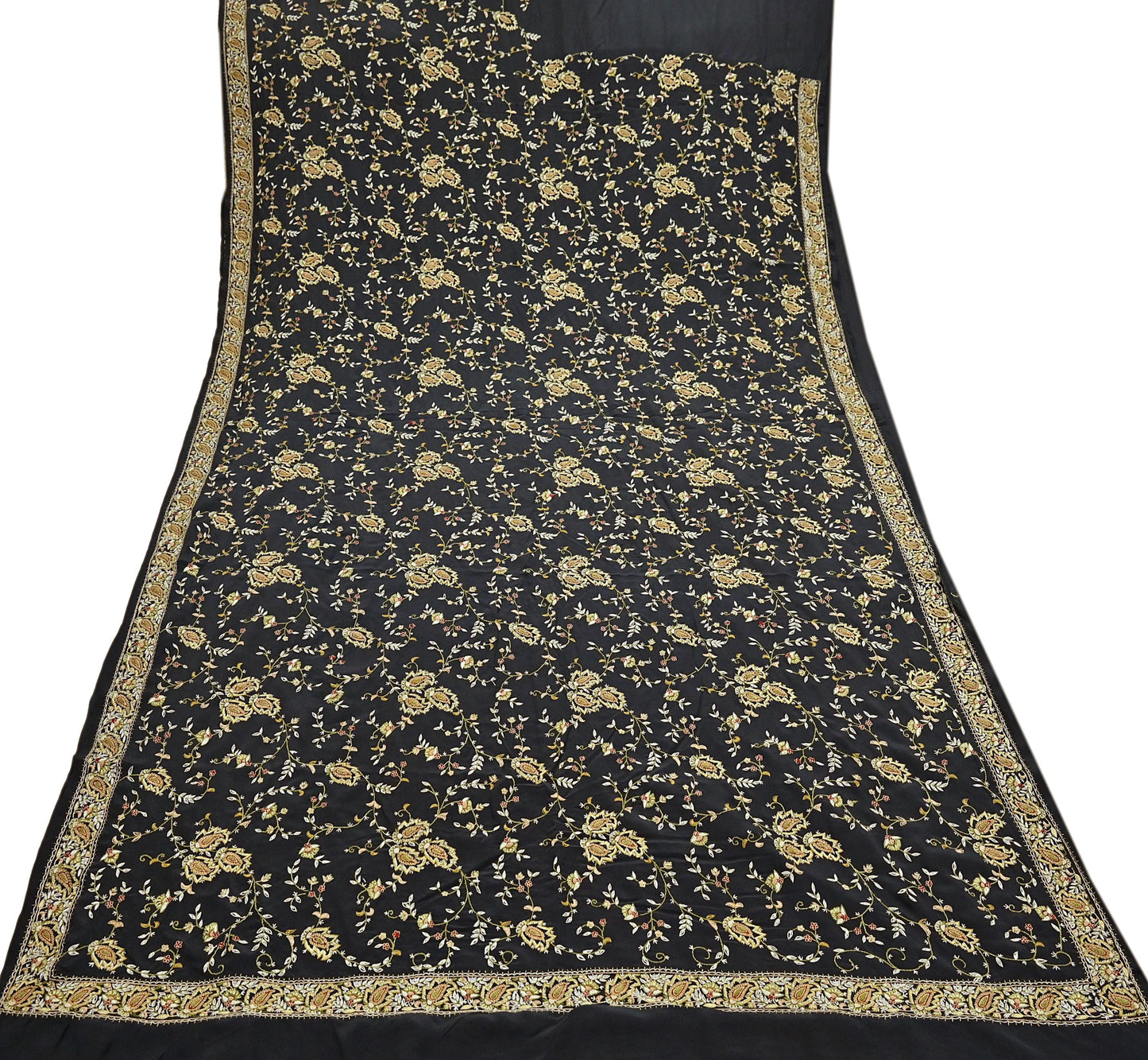 Indian Vintage Black Saree Pure Crepe Silk Hand Embroidered aari work Sari Craft Fabric 6Yd Sewing Soft Zari Dress making