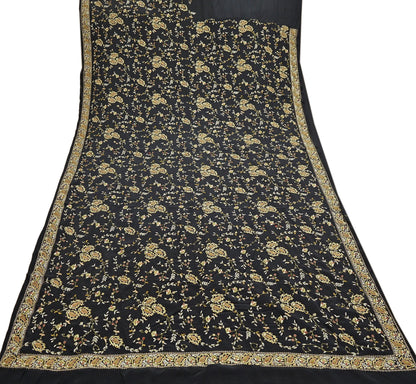 Indian Vintage Black Saree Pure Crepe Silk Hand Embroidered aari work Sari Craft Fabric 6Yd Sewing Soft Zari Dress making