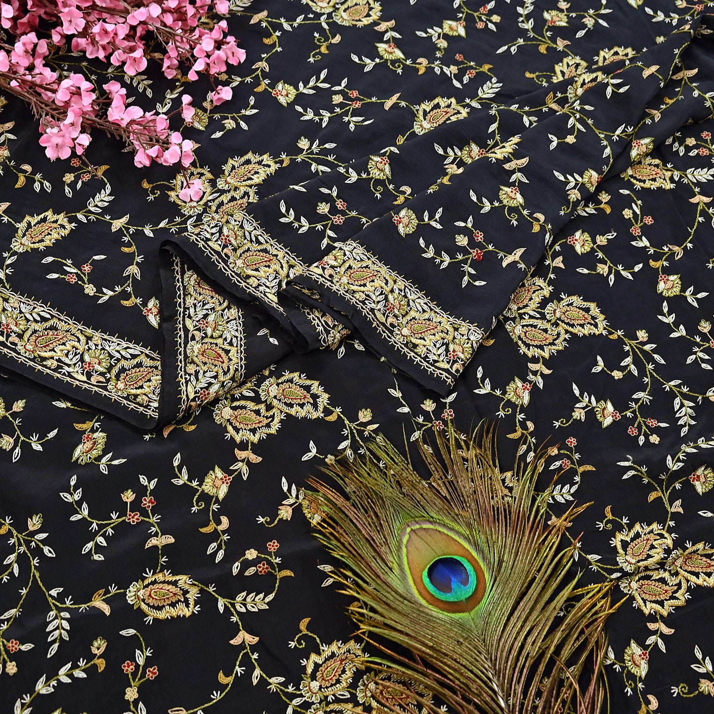 Indian Vintage Black Saree Pure Crepe Silk Hand Embroidered aari work Sari Craft Fabric 6Yd Sewing Soft Zari Dress making