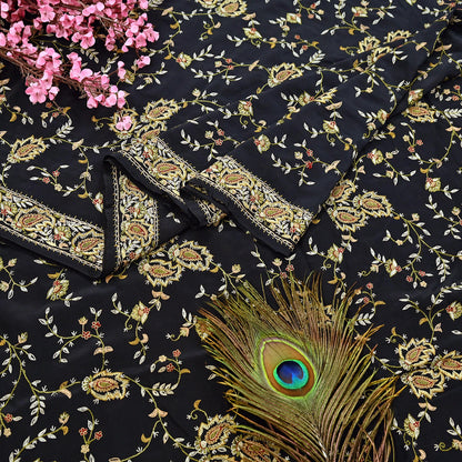 Indian Vintage Black Saree Pure Crepe Silk Hand Embroidered aari work Sari Craft Fabric 6Yd Sewing Soft Zari Dress making