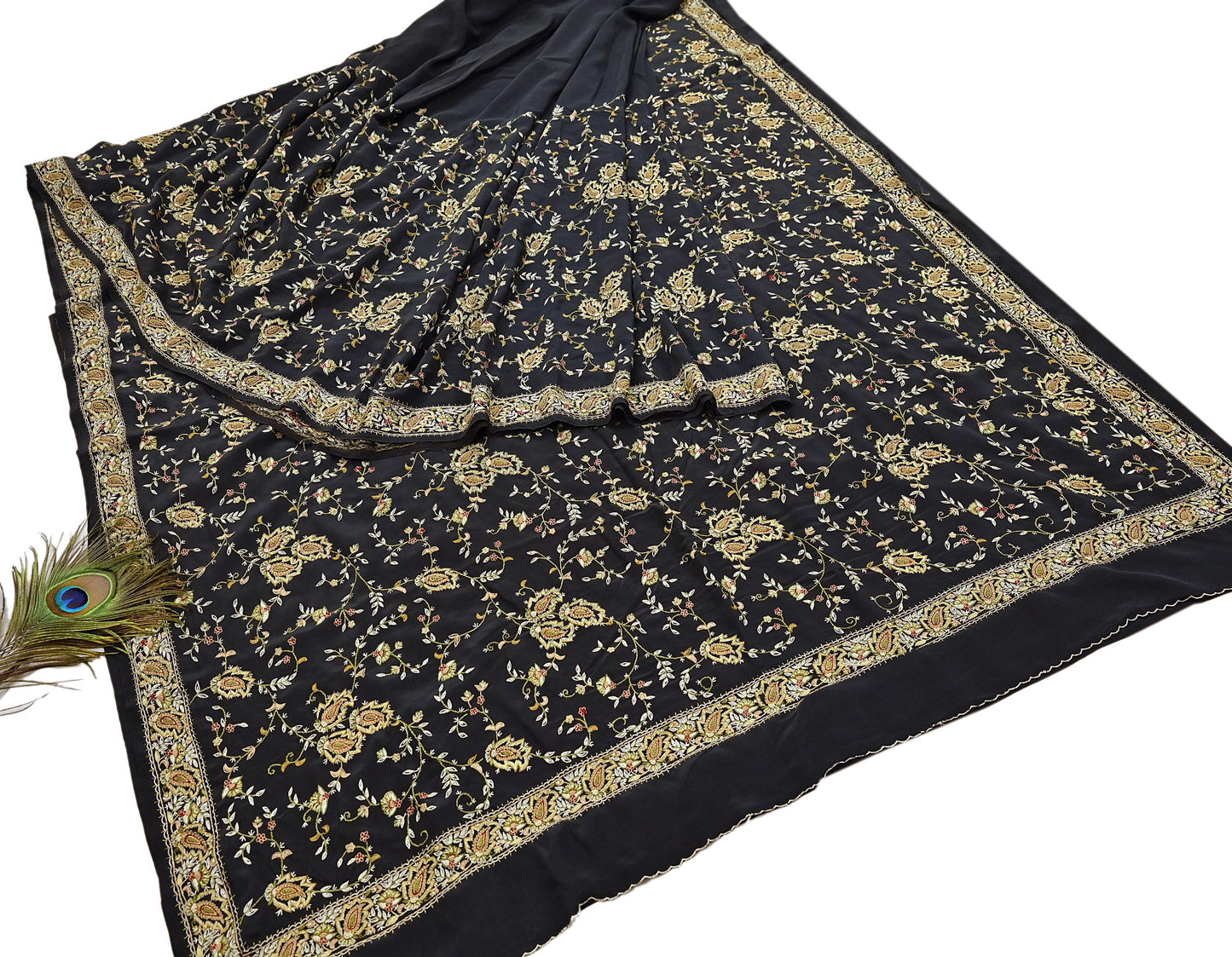 Indian Vintage Black Saree Pure Crepe Silk Hand Embroidered aari work Sari Craft Fabric 6Yd Sewing Soft Zari Dress making