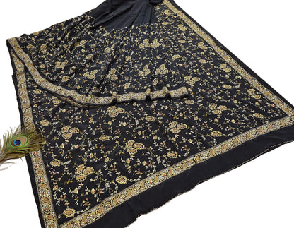 Indian Vintage Black Saree Pure Crepe Silk Hand Embroidered aari work Sari Craft Fabric 6Yd Sewing Soft Zari Dress making