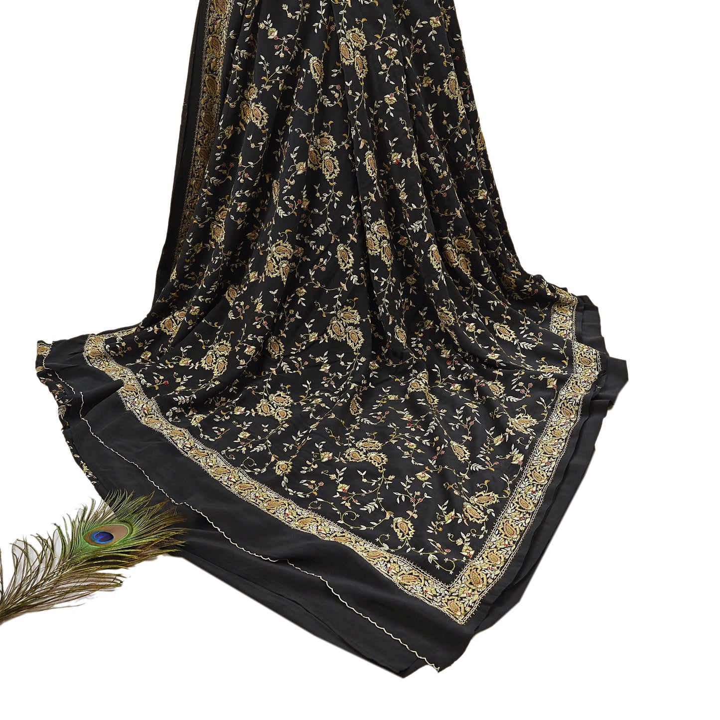 Indian Vintage Black Saree Pure Crepe Silk Hand Embroidered aari work Sari Craft Fabric 6Yd Sewing Soft Zari Dress making