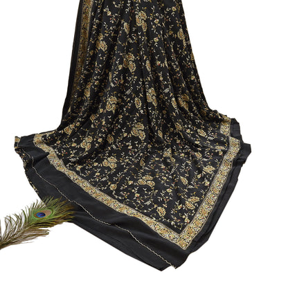 Indian Vintage Black Saree Pure Crepe Silk Hand Embroidered aari work Sari Craft Fabric 6Yd Sewing Soft Zari Dress making