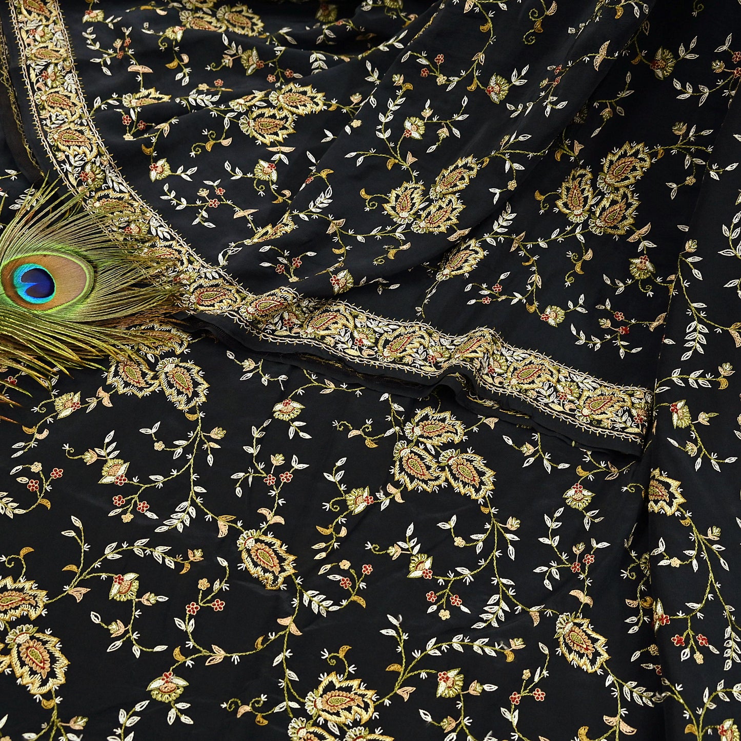 Indian Vintage Black Saree Pure Crepe Silk Hand Embroidered aari work Sari Craft Fabric 6Yd Sewing Soft Zari Dress making