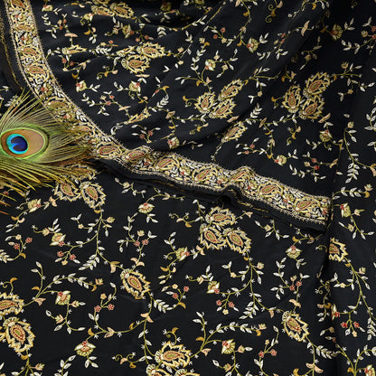 Indian Vintage Black Saree Pure Crepe Silk Hand Embroidered aari work Sari Craft Fabric 6Yd Sewing Soft Zari Dress making