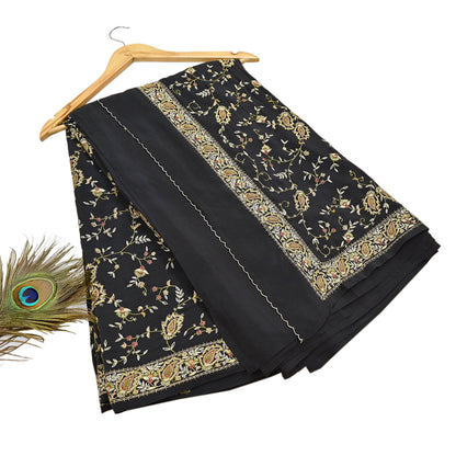 Indian Vintage Black Saree Pure Crepe Silk Hand Embroidered aari work Sari Craft Fabric 6Yd Sewing Soft Zari Dress making