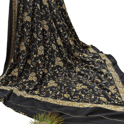 Indian Vintage Black Saree Pure Crepe Silk Hand Embroidered aari work Sari Craft Fabric 6Yd Sewing Soft Zari Dress making