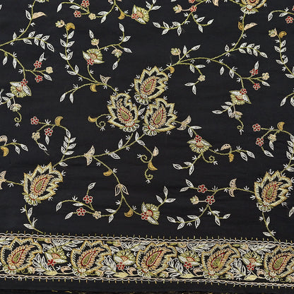 Indian Vintage Black Saree Pure Crepe Silk Hand Embroidered aari work Sari Craft Fabric 6Yd Sewing Soft Zari Dress making