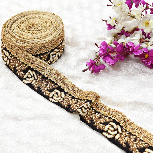 Indian Vintage Black Sari Border 1Yd Hand Embroidered Dabka Lace Trim Sewing Craft Ribbon Dress Decor