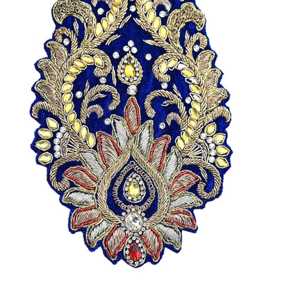 Indian Vintage Blue velvet Appliques  Set of 1 | Hand-Embroidered Floral Patches with Zardozi,Dabka, Zari,for Craft, Journals