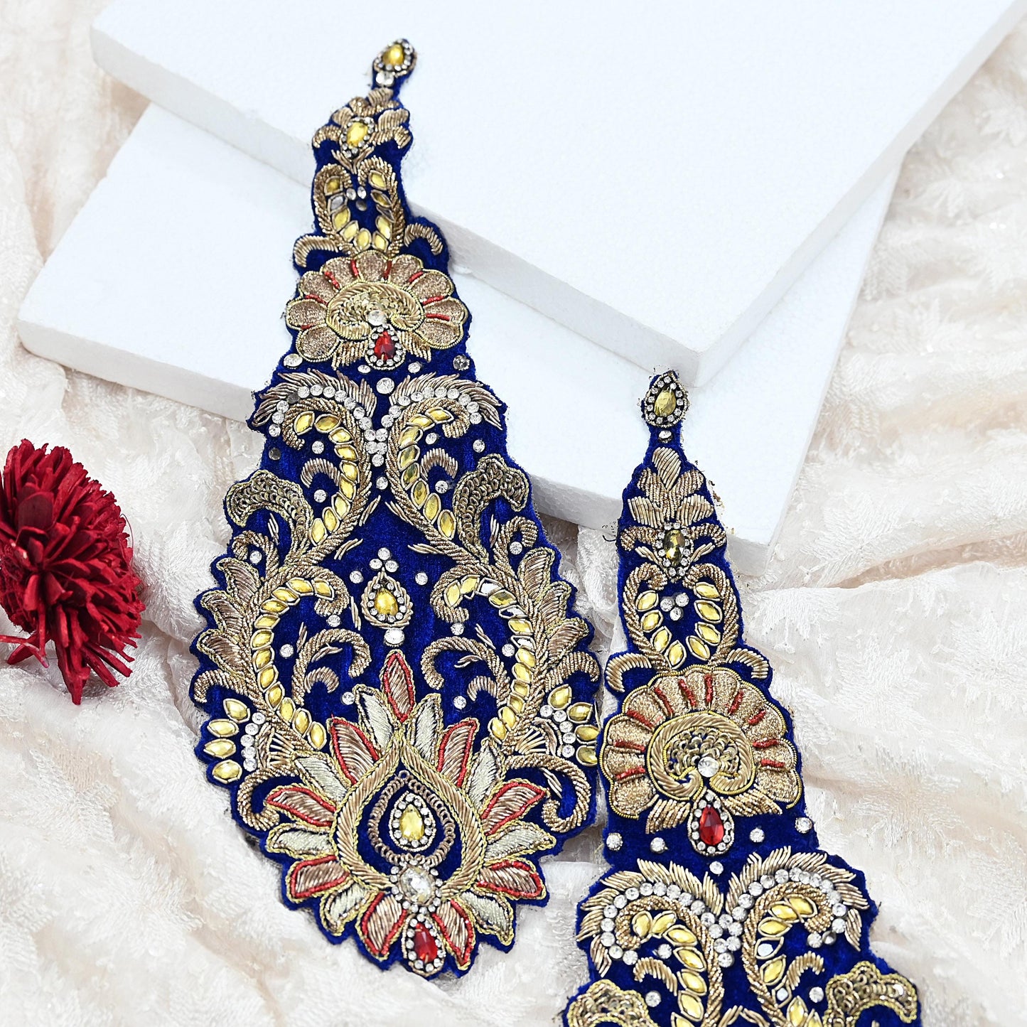 Indian Vintage Blue velvet Appliques  Set of 1 | Hand-Embroidered Floral Patches with Zardozi,Dabka, Zari,for Craft, Journals