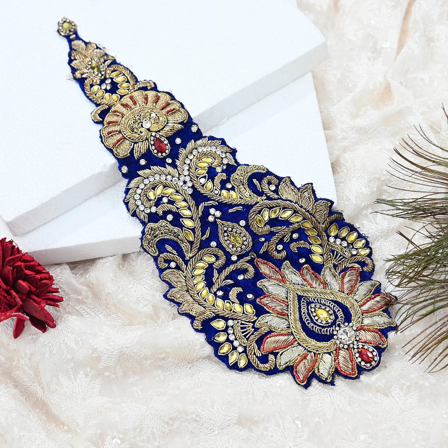 Indian Vintage Blue velvet Appliques  Set of 1 | Hand-Embroidered Floral Patches with Zardozi,Dabka, Zari,for Craft, Journals