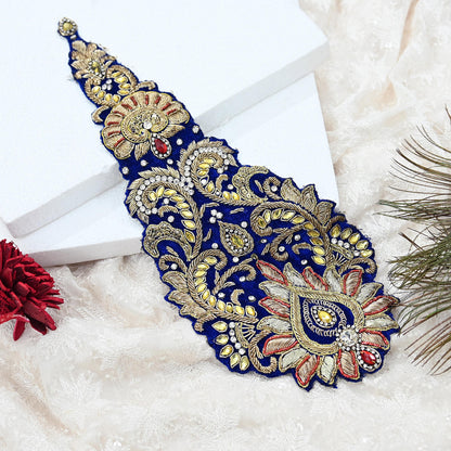 Indian Vintage Blue velvet Appliques  Set of 1 | Hand-Embroidered Floral Patches with Zardozi,Dabka, Zari,for Craft, Journals