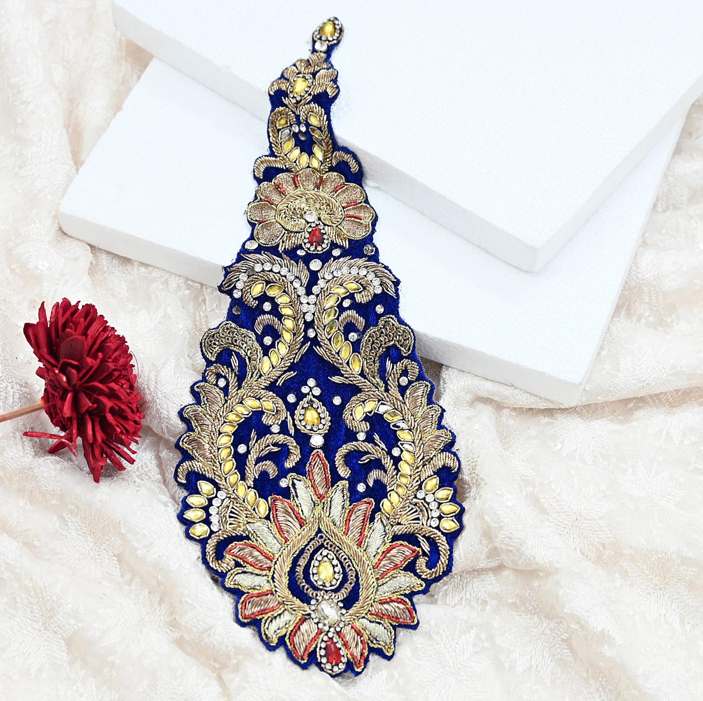 Indian Vintage Blue velvet Appliques  Set of 1 | Hand-Embroidered Floral Patches with Zardozi,Dabka, Zari,for Craft, Journals
